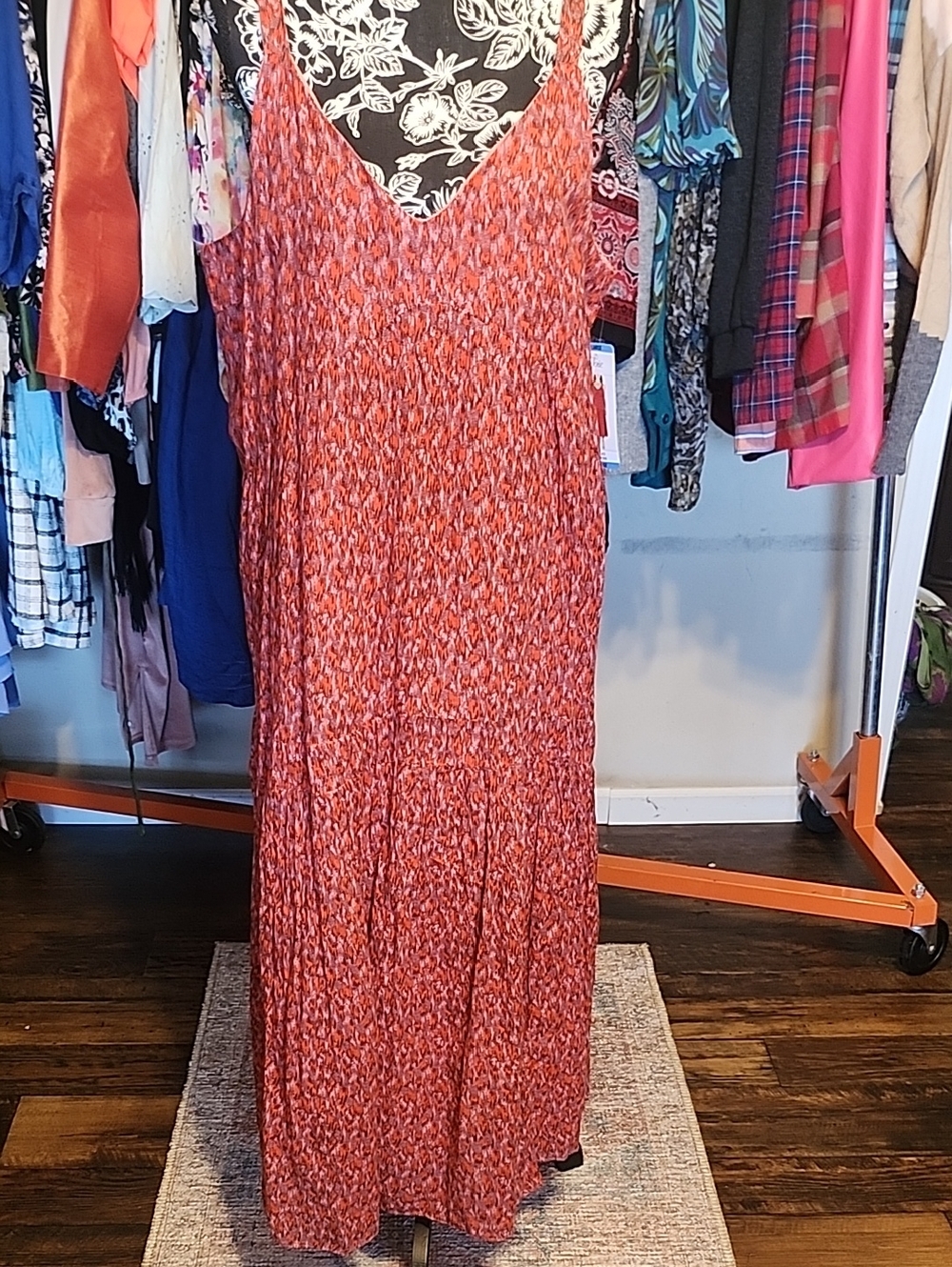 Joie Red-Orange Printed V-Neck Maxi Dress